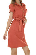 Vestido Lyon camisero color teja con cinturón, delante